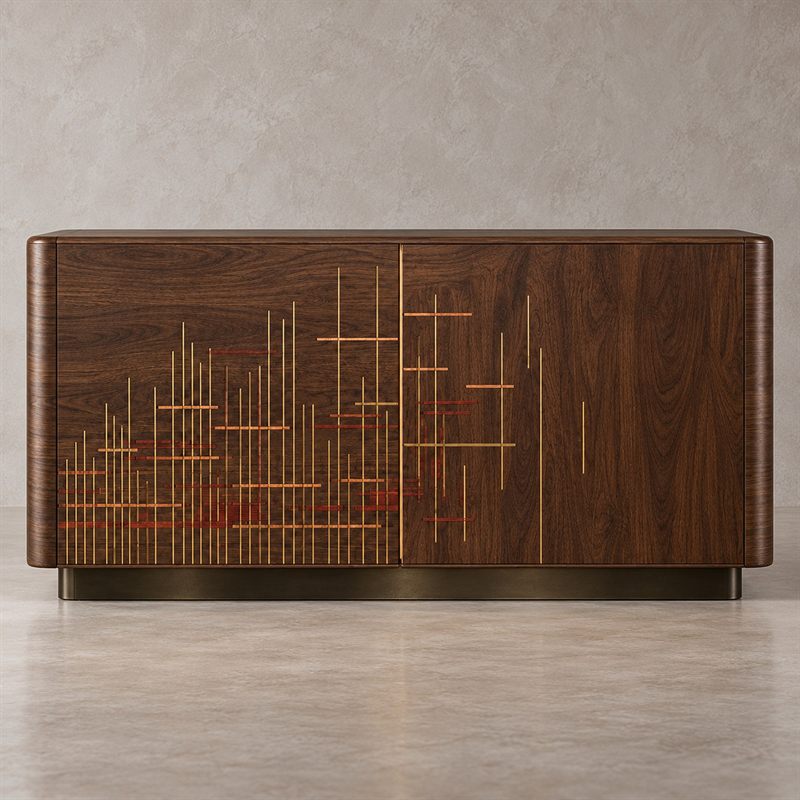Broken Weft credenza by Hamid Motahari: smoked walnut doors inlaid with vertical brass lines and bands of copper and madder-red wood