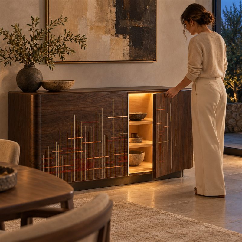 Broken Weft credenza with its right door open, showing the lit maple interior