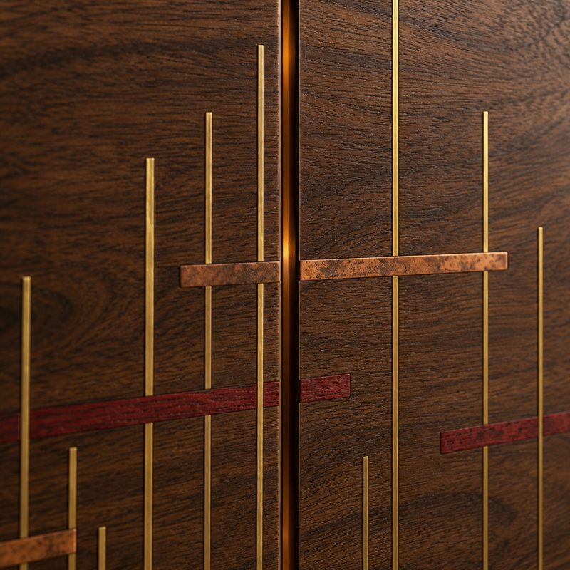 Detail of Broken Weft: brass, copper and red wood inlay crossing the centre seam of the doors