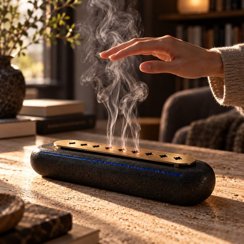 Ember Weft incense burner by Hamid Motahari: a black basalt capsule with a brass bridge of nine stepped openings, smoke rising through the central three