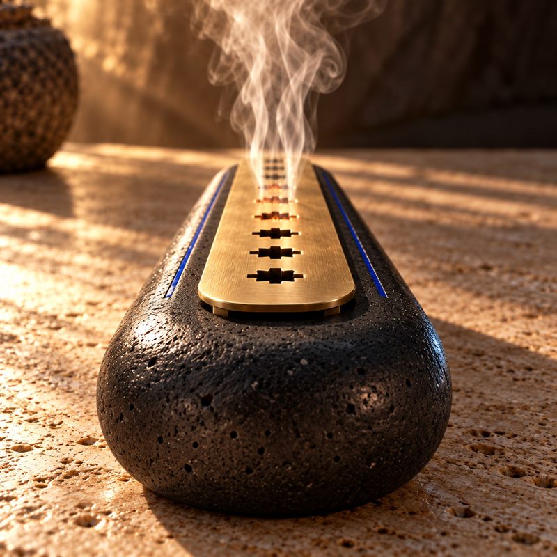 Ember Weft seen from one end, with cobalt-glass lines along both sides of the basalt and smoke above the brass bridge
