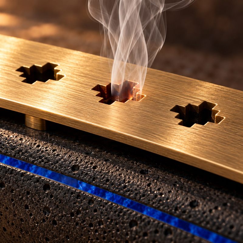 Detail of Ember Weft: stepped cruciform openings in brushed brass above porous basalt and a cobalt-glass inlay