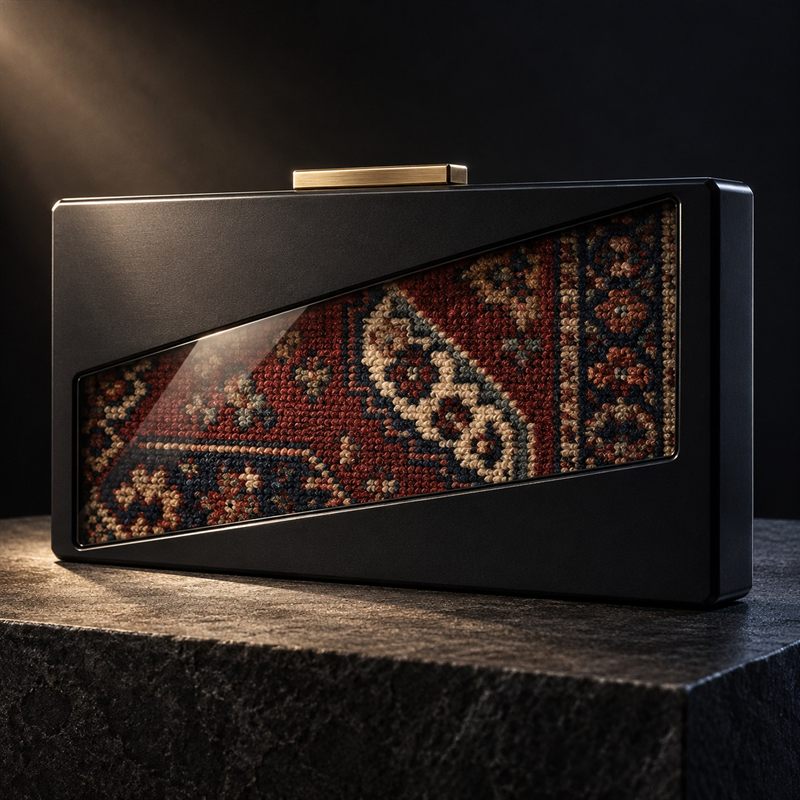 Folded Field clutch by Hamid Motahari: a black aluminium case with a diagonal window showing a fragment of hand-knotted Persian carpet
