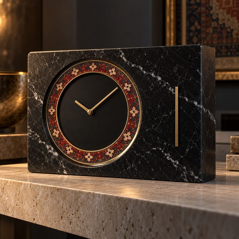 Heriz Interval clock by Hamid Motahari: a black Marquina marble block with an offset dial ringed by a hand-knotted band in madder, indigo and ivory, and one vertical brass inlay