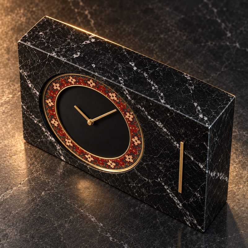 Heriz Interval clock seen from above, showing the depth of the marble body and the brass line on its right