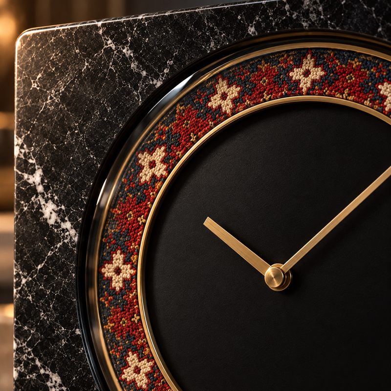 Detail of Heriz Interval: the hand-knotted ring beneath sapphire crystal, with two straight brass hands on a matte black dial