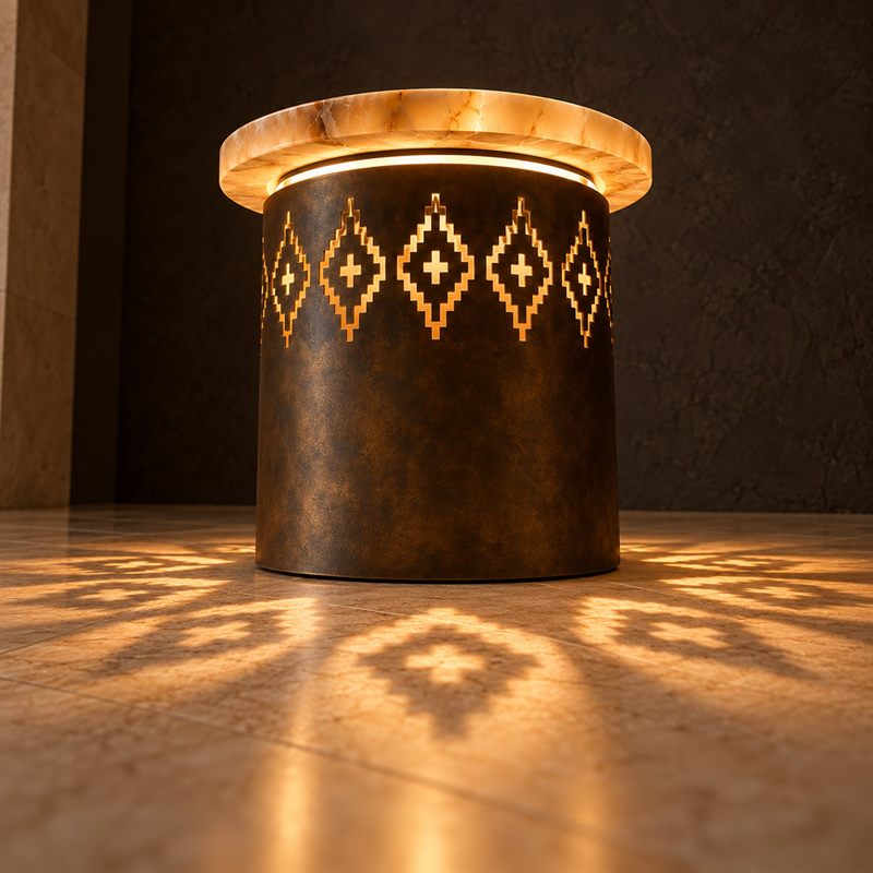 Knot Shadow Table by Hamid Motahari: a bronze cylinder with stepped diamond openings beneath a honey-onyx top, casting patterned light on the floor