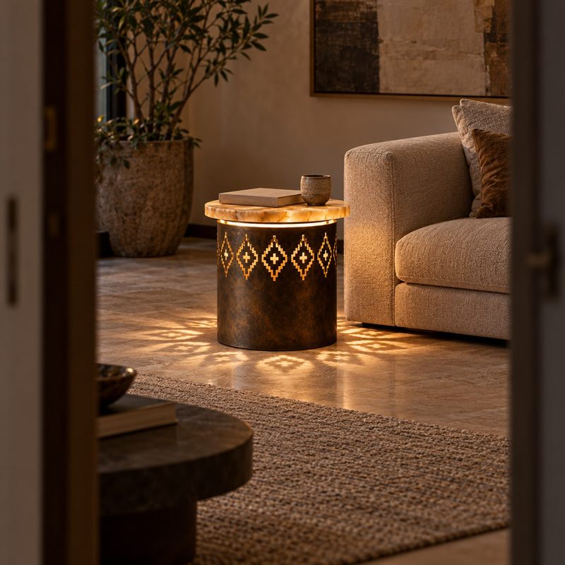 Knot Shadow Table beside a sofa in an evening interior