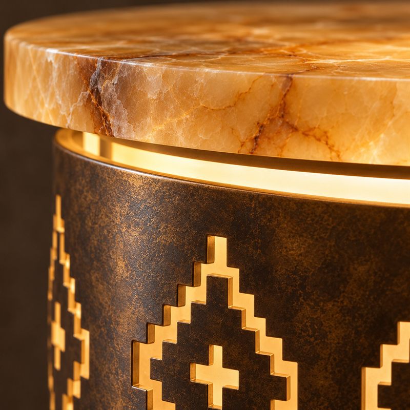 Detail of Knot Shadow Table: honey-onyx top above the patinated bronze shell and its stepped diamond openings