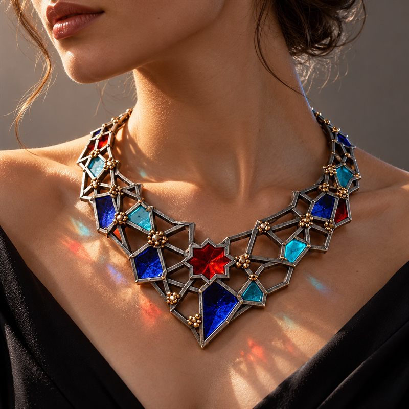 Nodus 7 necklace by Hamid Motahari, worn: blackened-silver polygons with enamel cells in red, indigo and turquoise and gold granules