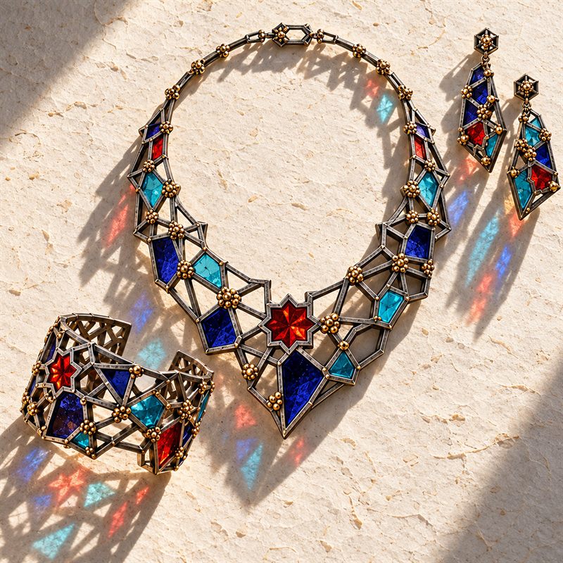 The Nodus 7 collection: necklace, cuff and earrings laid on pale stone