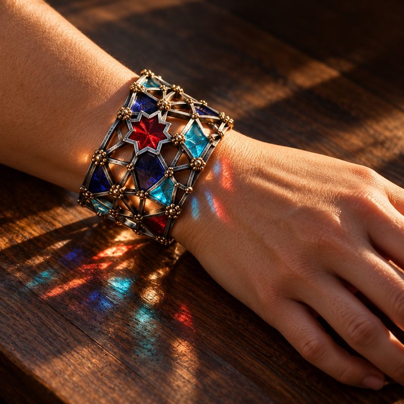 Nodus 7 cuff on a wrist, with coloured light falling through the enamel onto skin and wood