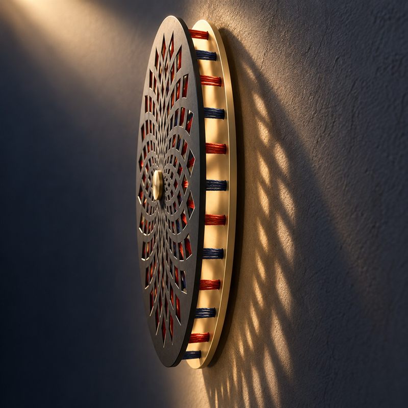 Parallax Medallion by Hamid Motahari: a perforated black disc floating in front of a brass disc, joined by red and indigo silk cords, casting patterned shadow on the wall