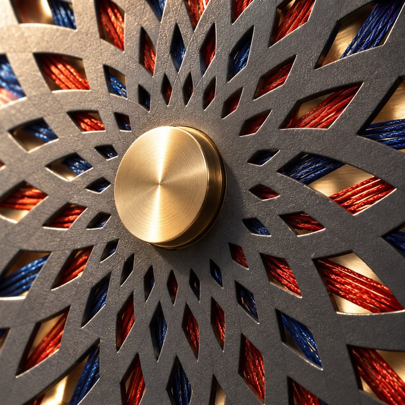 Detail of Parallax Medallion: the brass bearing cap at the centre, with red and indigo silk cords behind the perforated disc