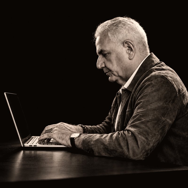 Hamid Motahari, designer, at work at a laptop, in black and white