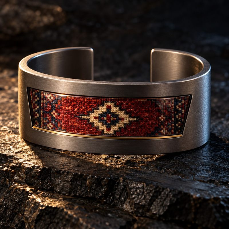 Selvedge Cuff by Hamid Motahari: an open titanium cuff with a sapphire window over a miniature carpet fragment in madder red, indigo and ivory, edged below by a brass line