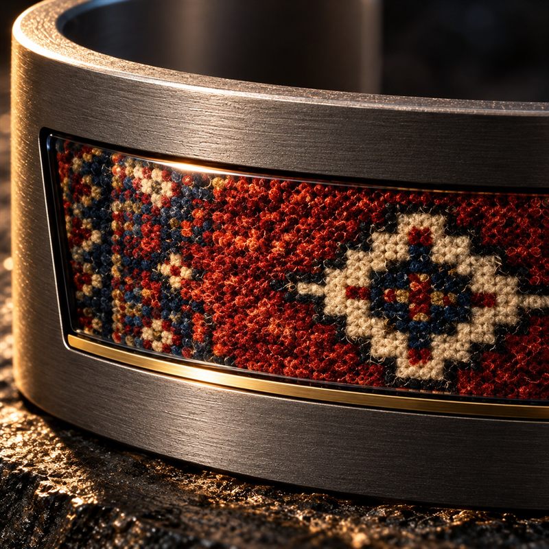 Detail of Selvedge Cuff: hand-knotted wool beneath sapphire, set flush in brushed titanium above a narrow brass line