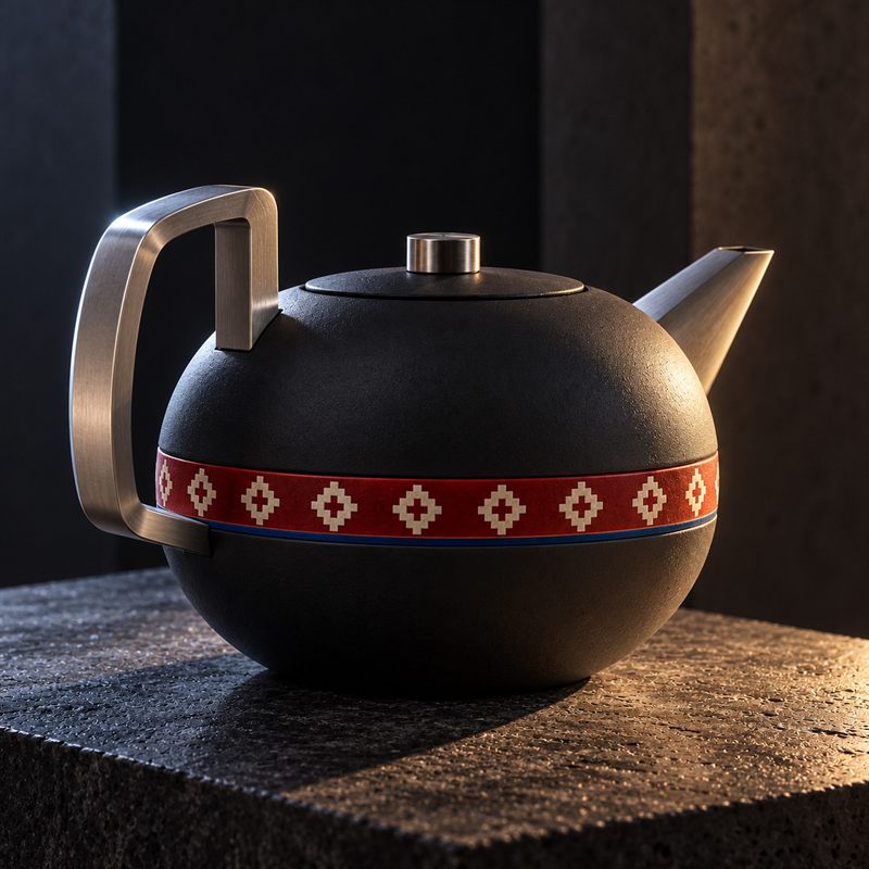 Steam Weave teapot by Hamid Motahari: matte charcoal body with a madder-red band of ivory stepped marks, titanium spout and handle