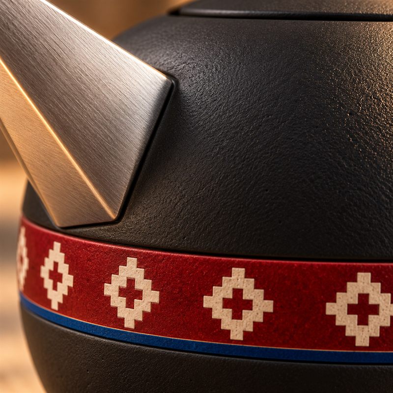 Detail of Steam Weave: the inlaid red band with ivory stepped marks and a cobalt line beneath the titanium spout