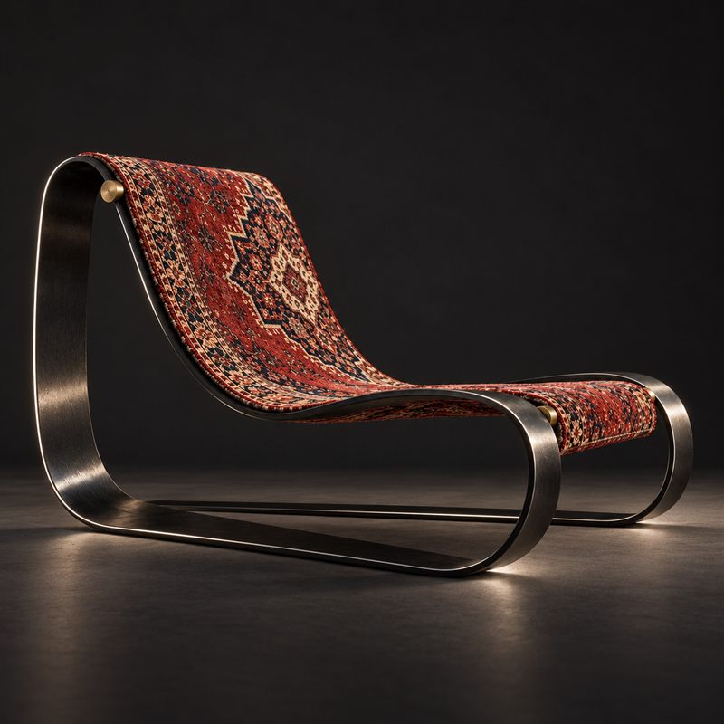 Taar No. 1 chair by Hamid Motahari: a continuous ribbon of blackened steel carrying a hand-knotted seat in madder red, indigo and ivory