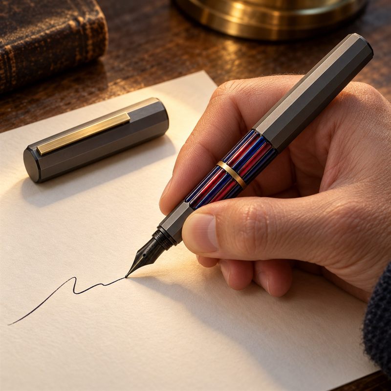 Warp 01 fountain pen by Hamid Motahari in use: a faceted titanium body with indigo and madder-red enamel channels crossed by a brass ring