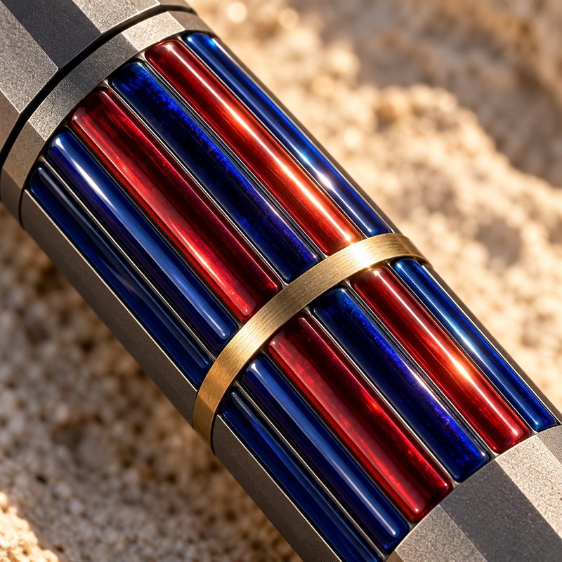 Detail of Warp 01: indigo and red enamel channels crossed by a single brass ring